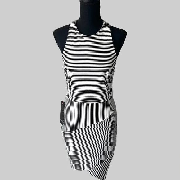 Bebe Short Asymmetrical Striped Stretch  Mini Dress - Picture 1 of 15